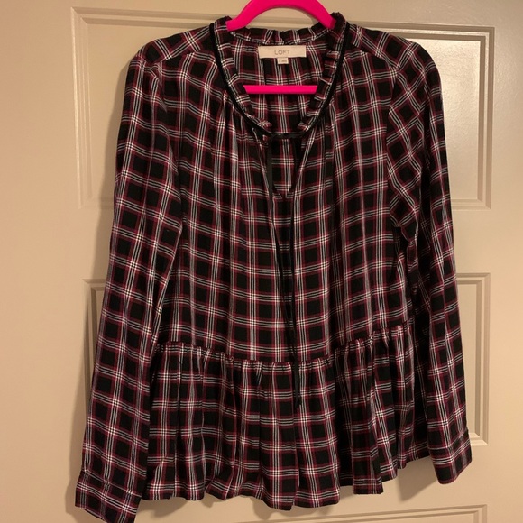 3/$20 - LOFT Plaid Peplum Tie-neck Blouse - Picture 2 of 3